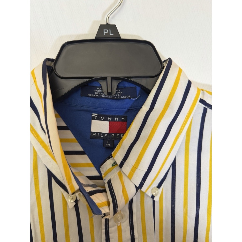 Tommy Hilfiger Shirt Size L Striped Blue Yellow Mens Vintage 90's Button Front - Picture 3 of 7